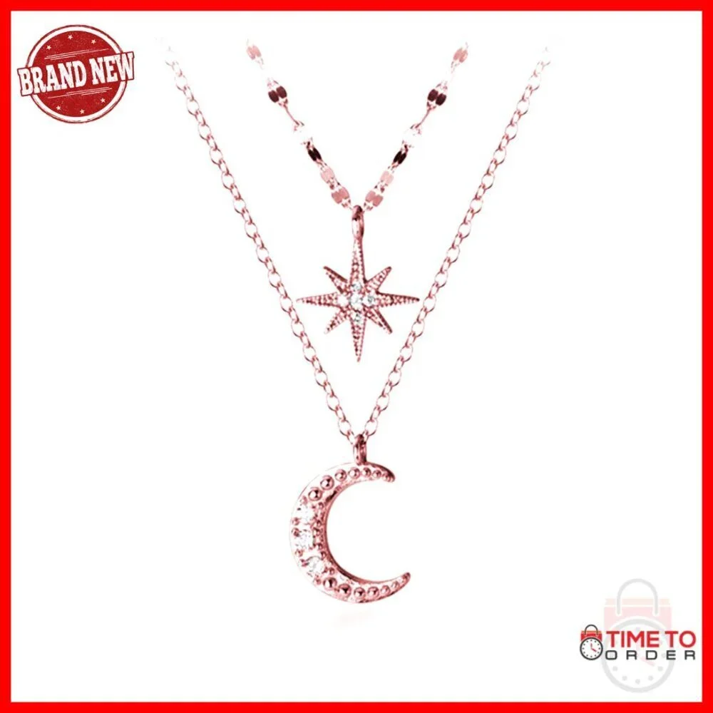 925 Sterling Silver Star Moon Layered Choker Necklace with Extension Chain